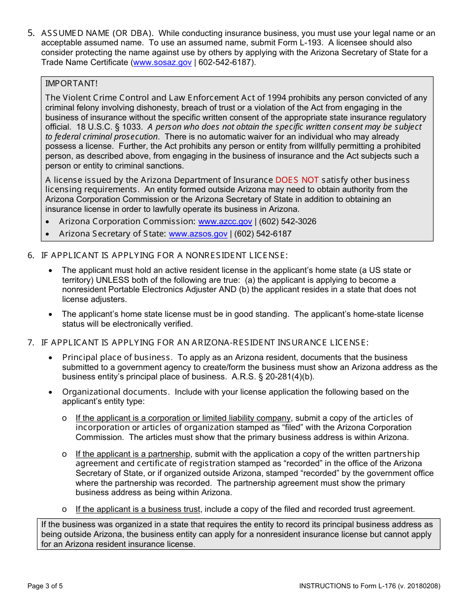 Form L-176 Application for a Business-Entity Insurance License - Arizona, Page 3