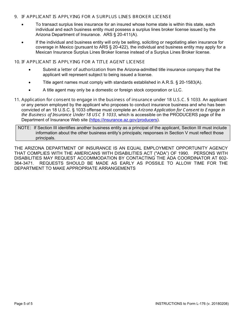 Form L-176 Application for a Business-Entity Insurance License - Arizona, Page 5