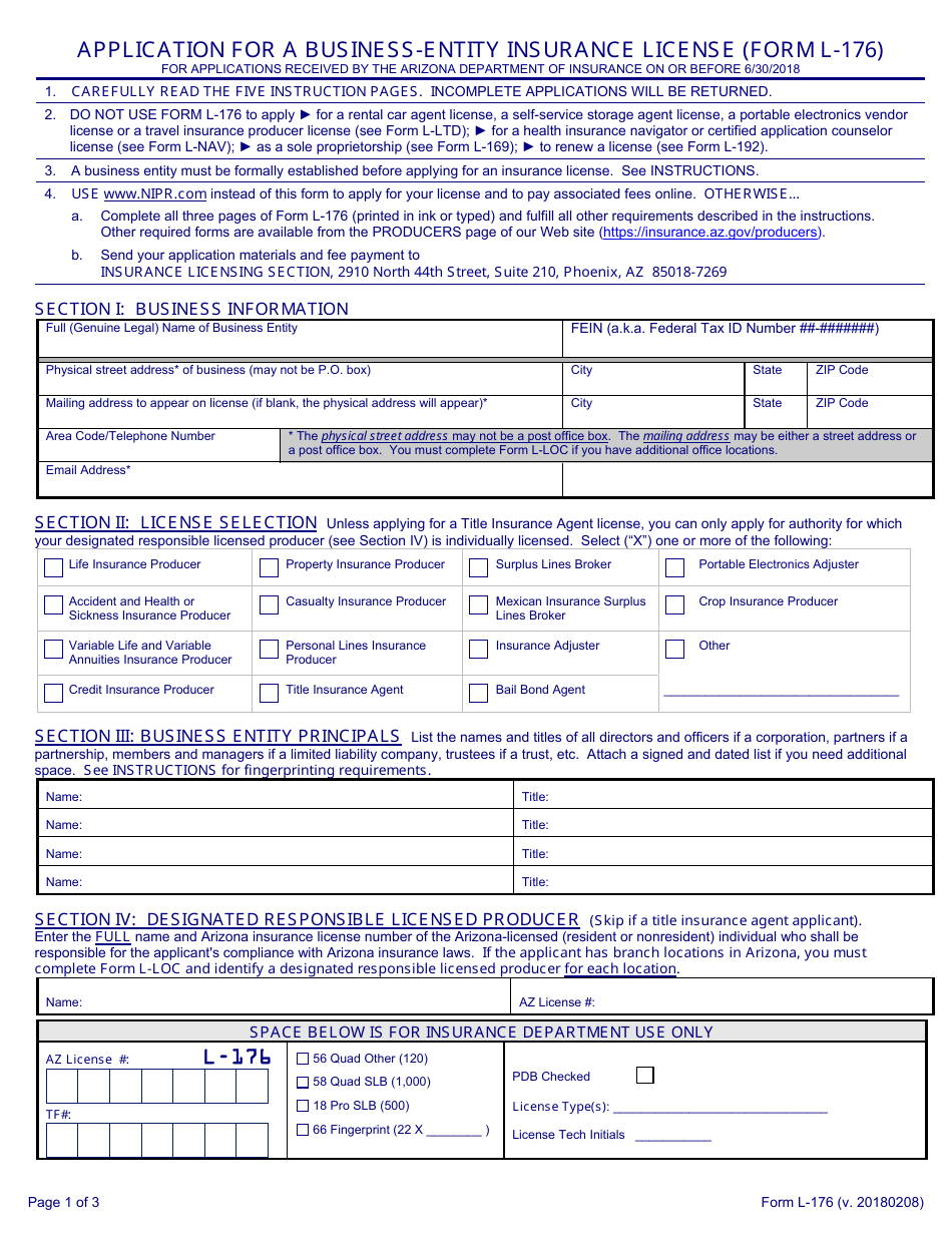 Form L-176 Application for a Business-Entity Insurance License - Arizona, Page 6