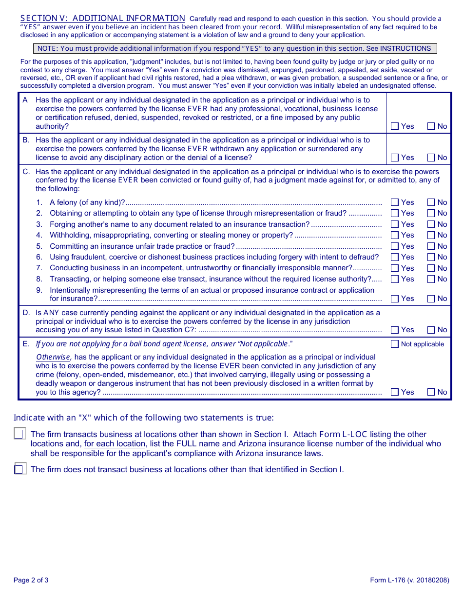 Form L-176 Application for a Business-Entity Insurance License - Arizona, Page 7