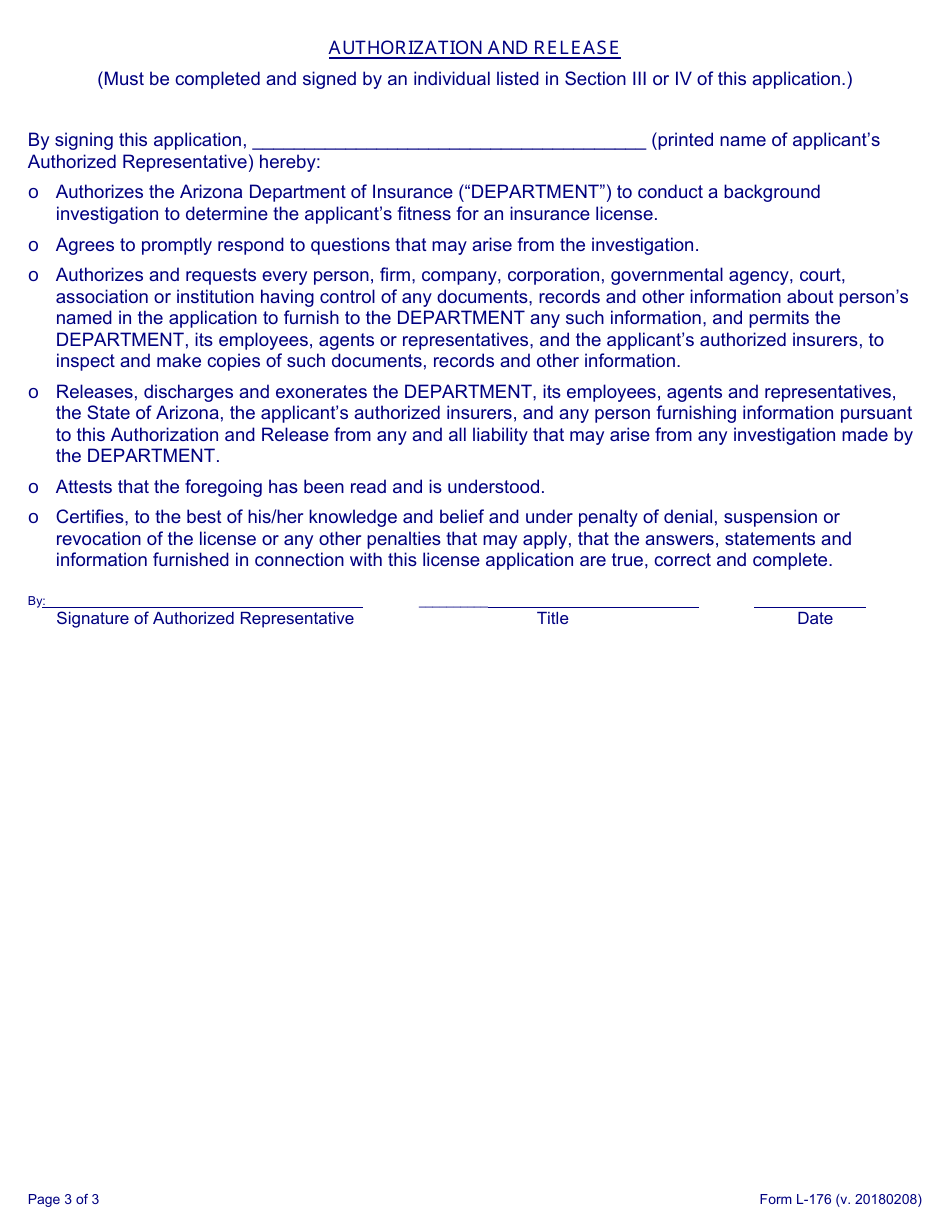 Form L-176 Application for a Business-Entity Insurance License - Arizona, Page 8