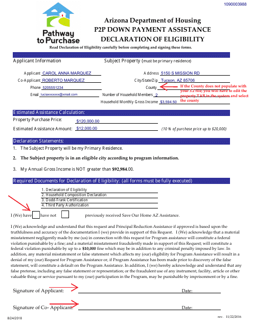 Sample Declaration of Eligibility - P2p Down Payment Assistance - Arizona Download Pdf
