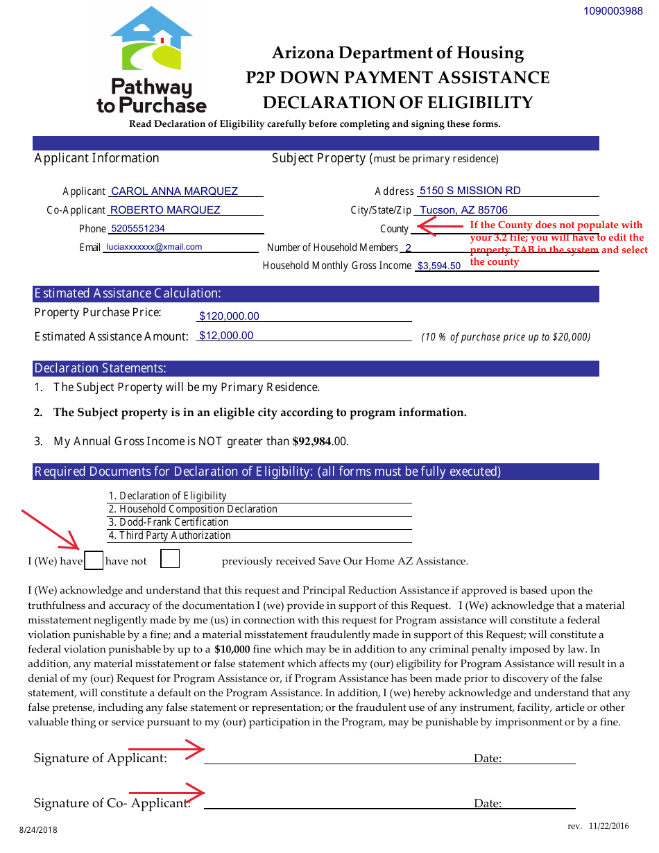 Sample Declaration of Eligibility - P2p Down Payment Assistance - Arizona, Page 1