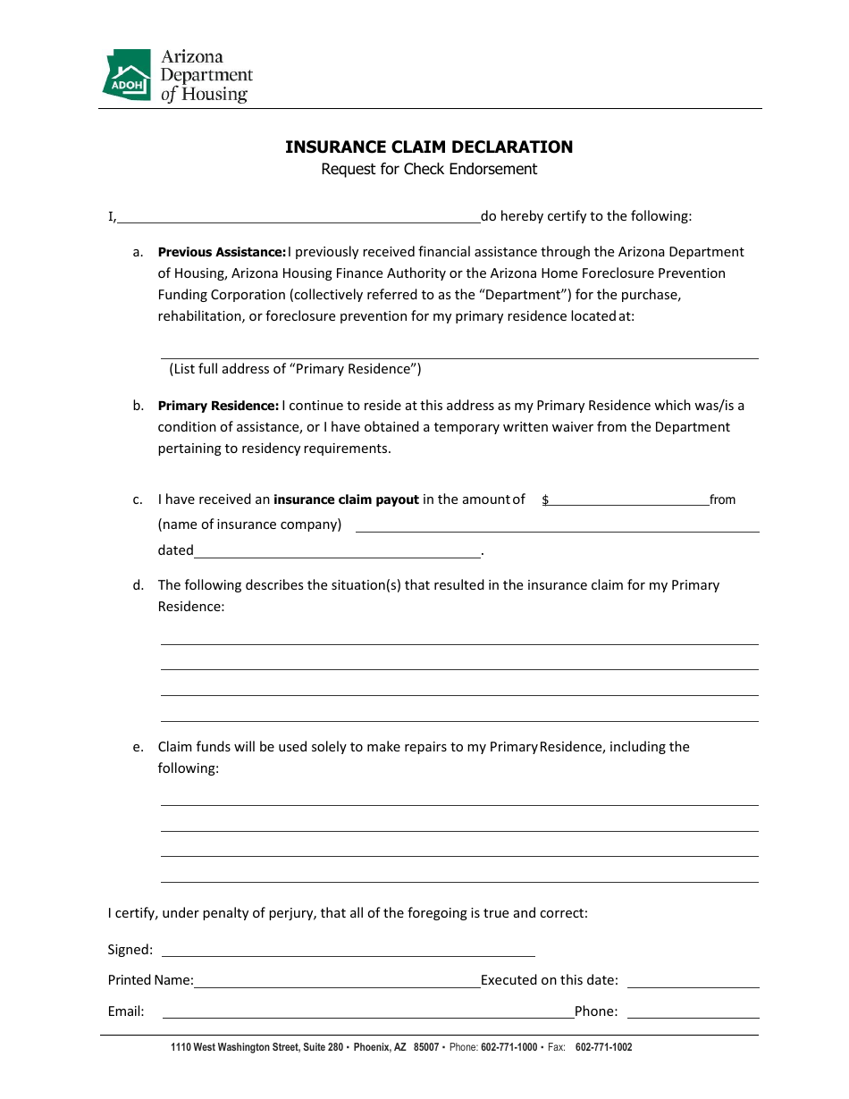 Insurance Claim Declaration Form - Request for Check Endorsement - Arizona, Page 1