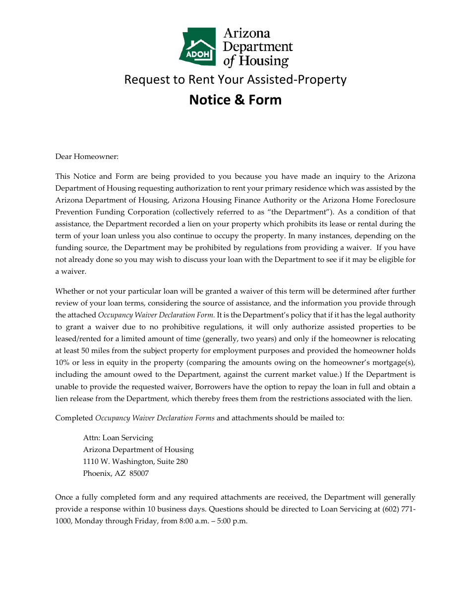 Occupancy Waiver Declaration Form - Request for Temporary Waiver of Occupancy Terms - Arizona, Page 1