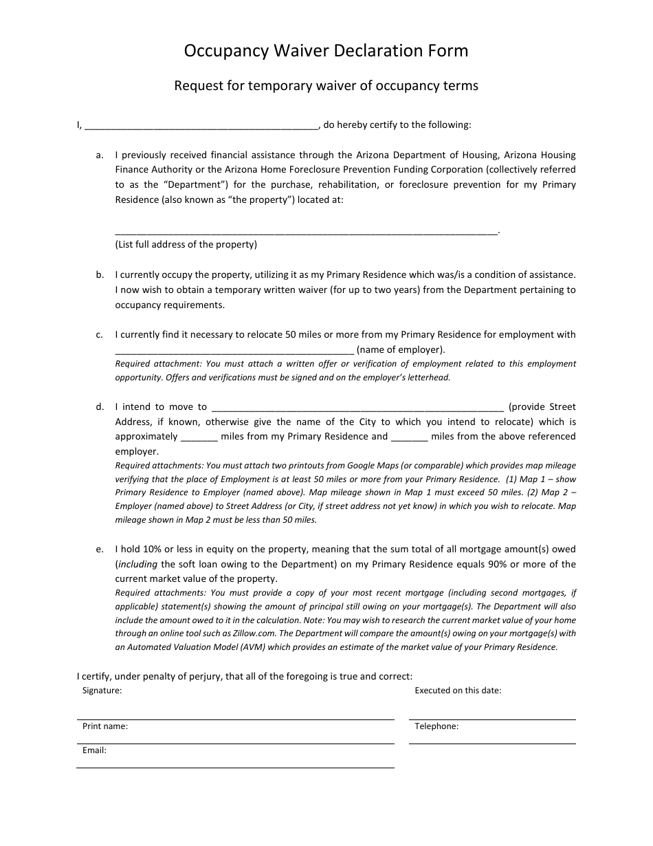 Occupancy Waiver Declaration Form - Request for Temporary Waiver of Occupancy Terms - Arizona, Page 2