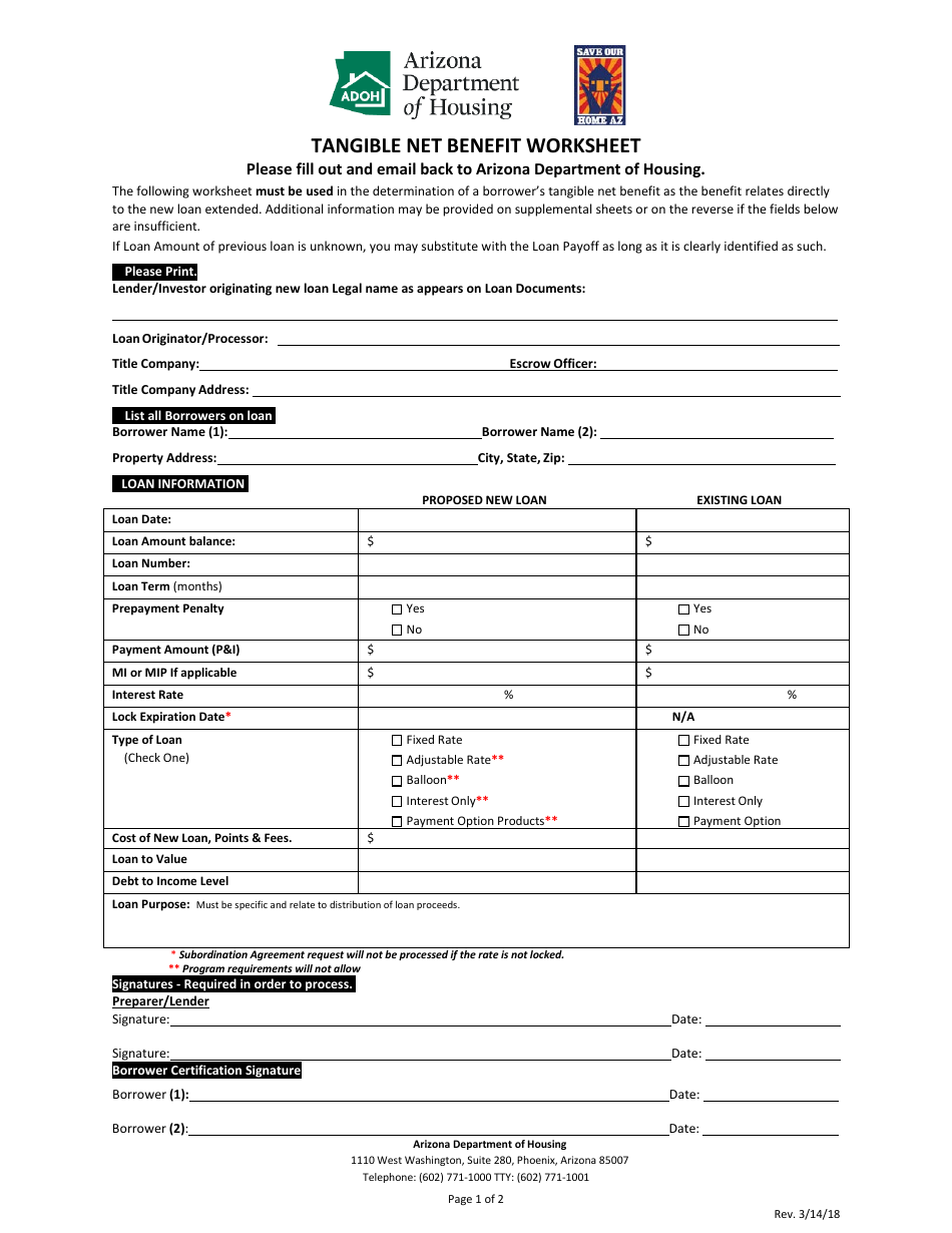 Arizona Tangible Net Benefit Worksheet Fill Out, Sign Online and