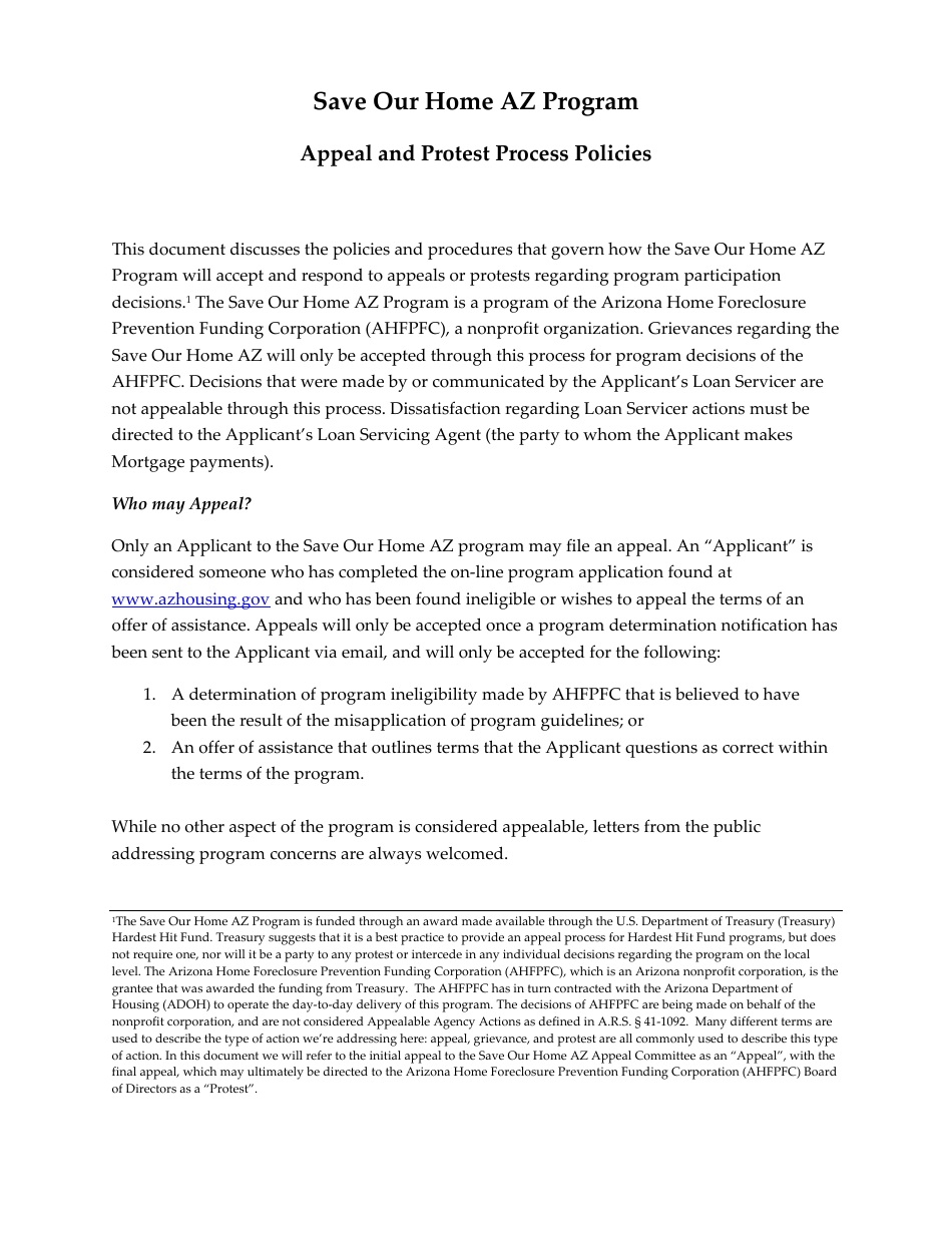 Appeal Form - Save Our Home Az Program - Arizona, Page 1