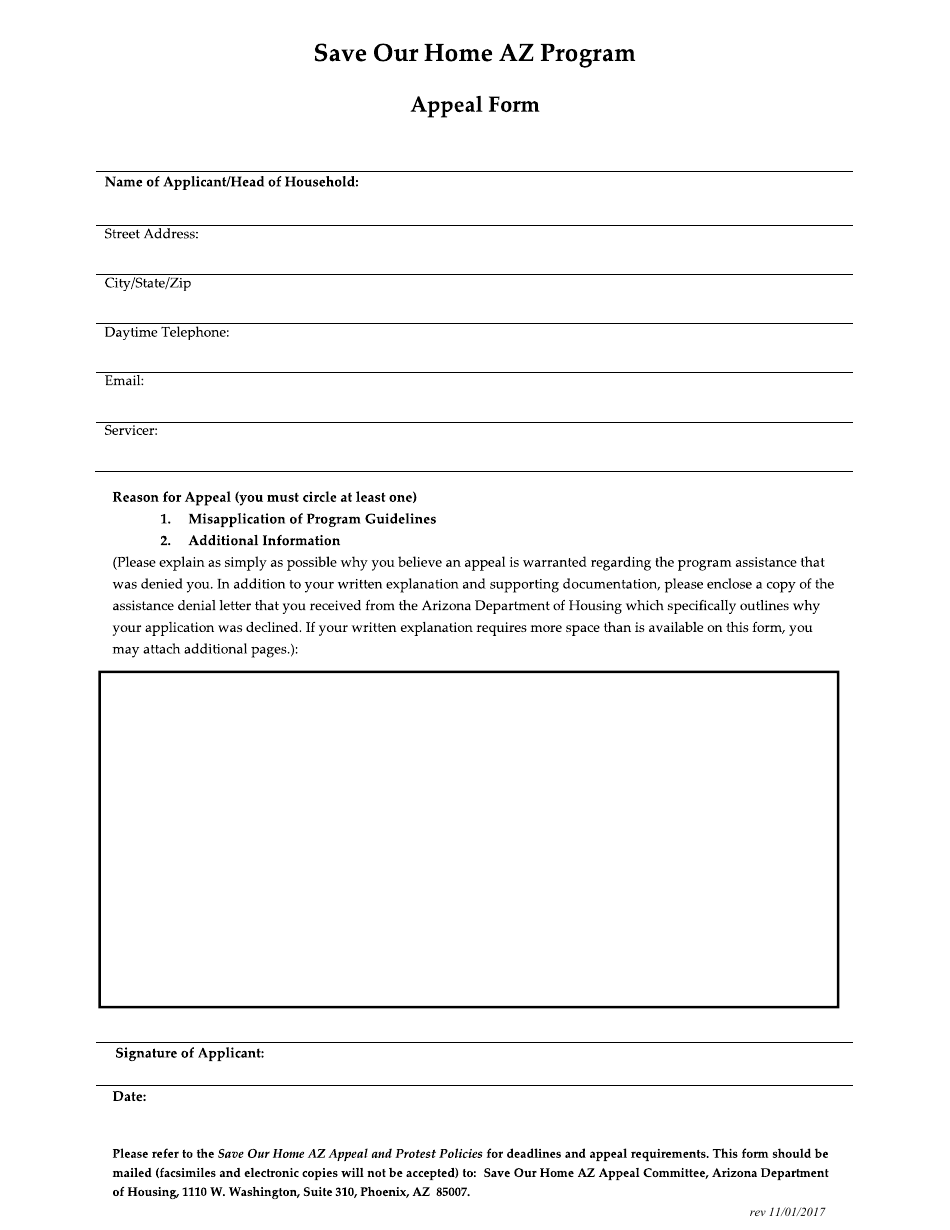 Arizona Appeal Form - Save Our Home Az Program Download Printable PDF ...