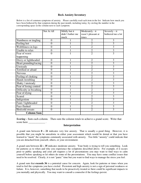 beck anxiety inventory checklist download printable pdf