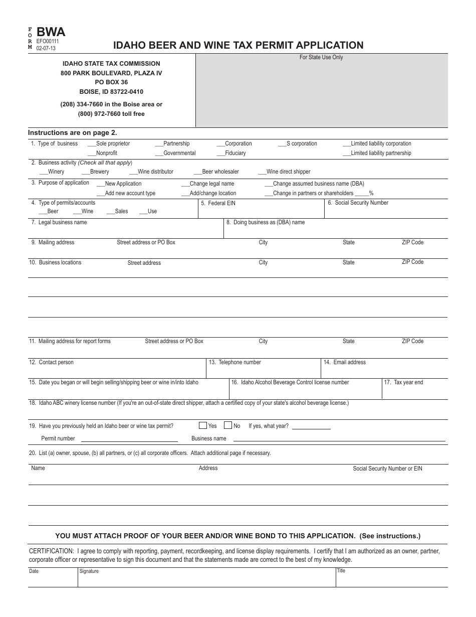 Form BWA Idaho Beer and Wine Tax Permit Application - Idaho, Page 1