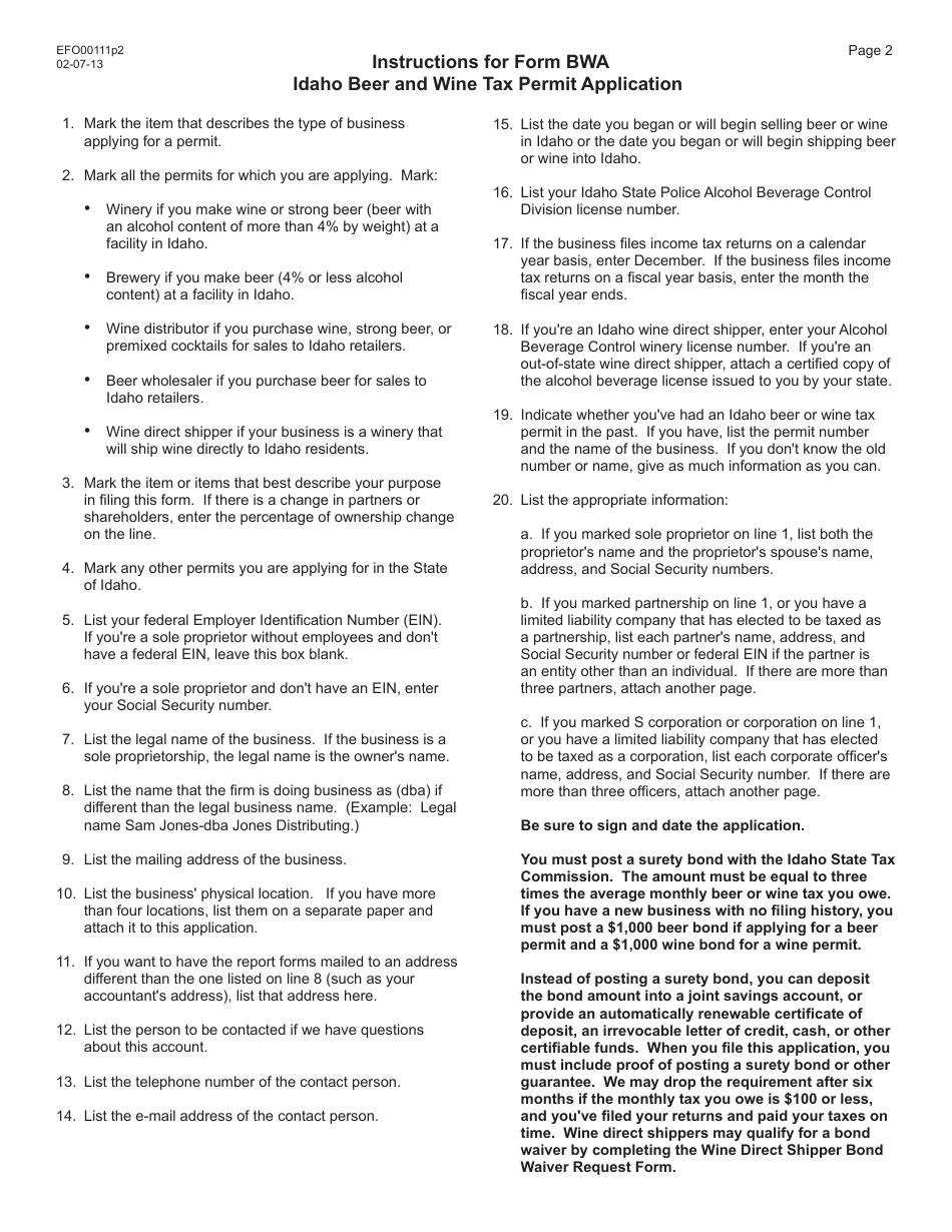 Form BWA Idaho Beer and Wine Tax Permit Application - Idaho, Page 2
