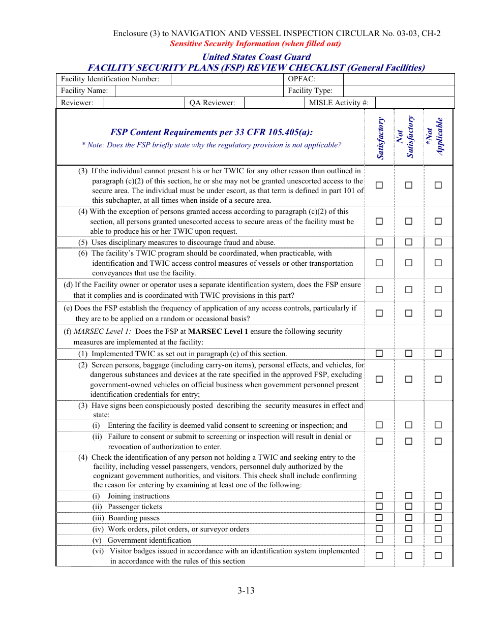 Facility Security Plan (Fsp) Review Checklist, Page 13