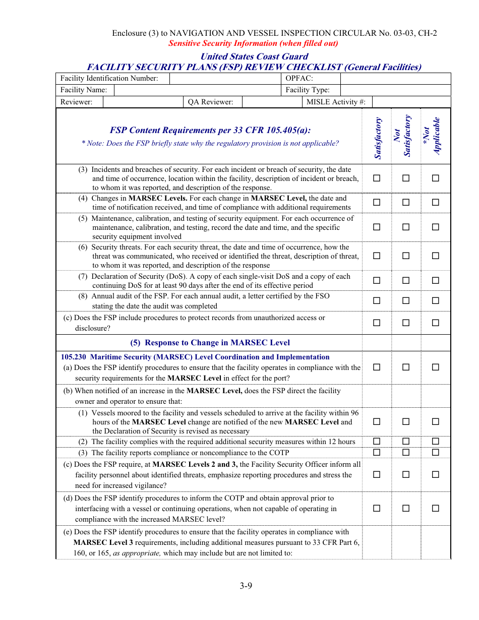 Facility Security Plan (Fsp) Review Checklist, Page 9