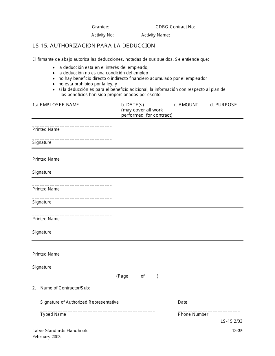 Formulario LS-15 Authorizacion Para La Deduccion - Arizona (Spanish), Page 1