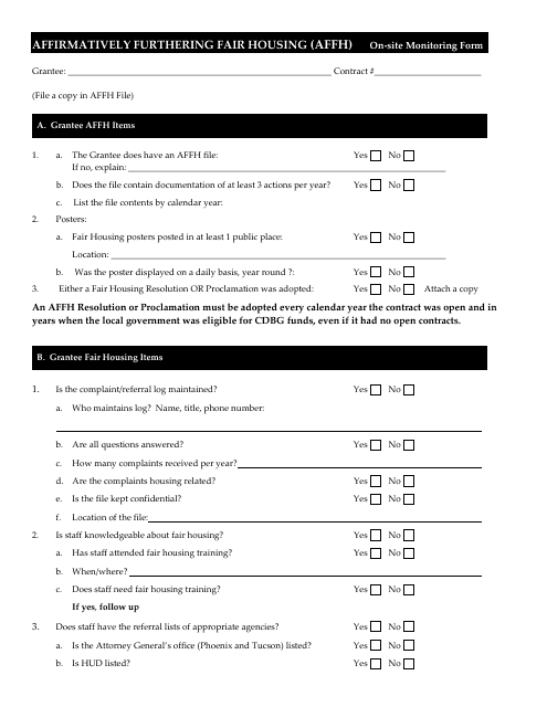 On-Site Monitoring Form - Affirmatively Furthering Fair Housing (Affh) - Arizona Download Pdf