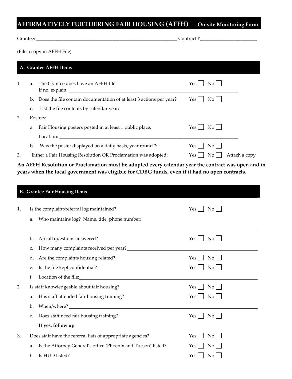 On-Site Monitoring Form - Affirmatively Furthering Fair Housing (Affh) - Arizona, Page 1