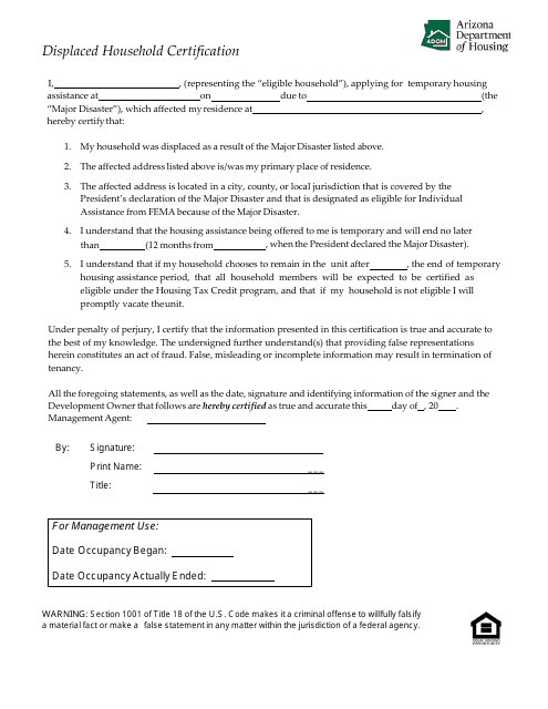 Displaced Household Certification Form - Arizona Download Pdf