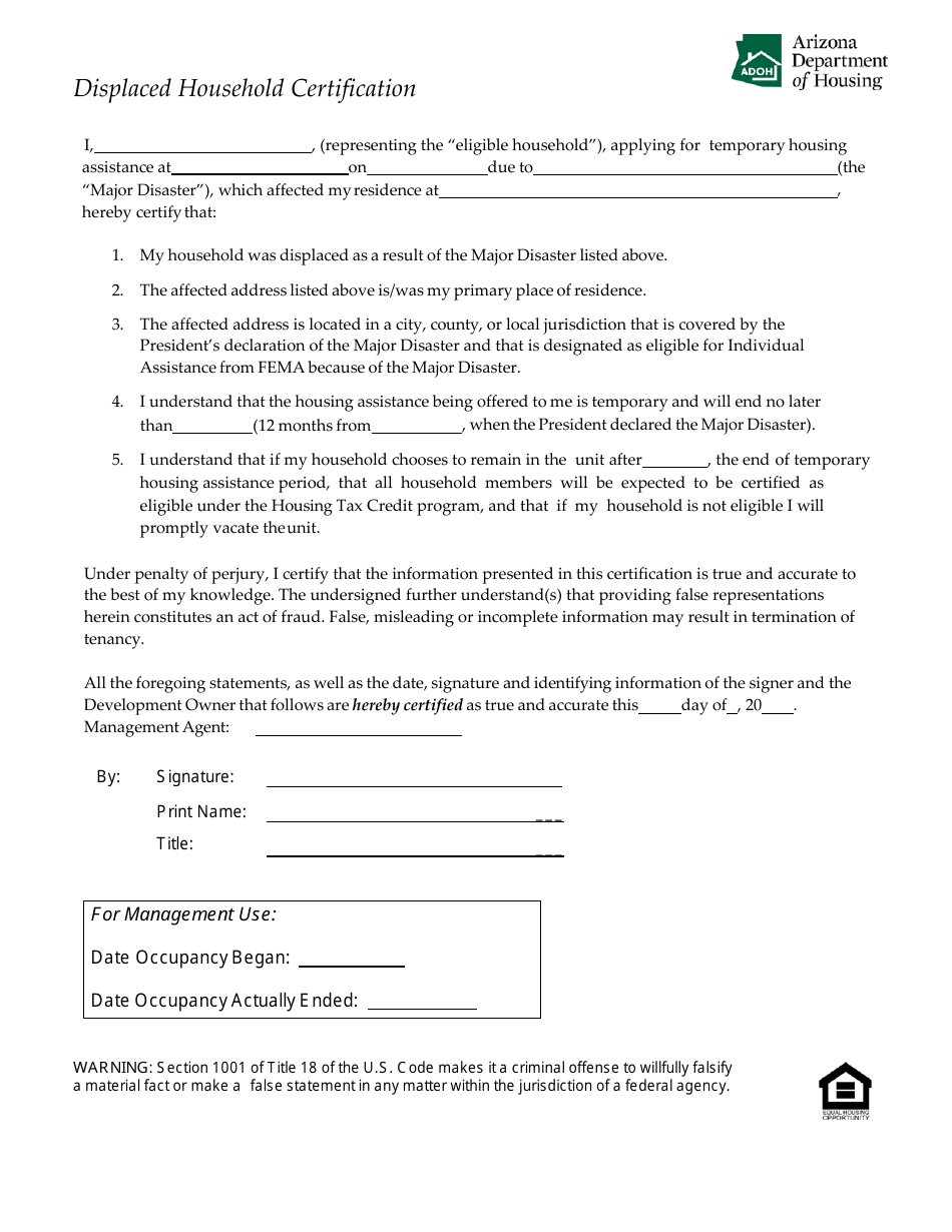 Displaced Household Certification Form - Arizona, Page 1