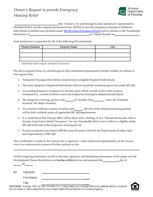 Owner's Request to Provide Emergency Housing Relief - Arizona Download Pdf