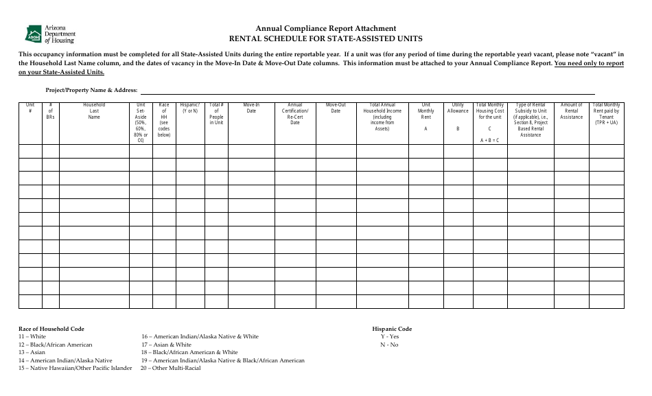 Rental Schedule for State Assisted Units - Arizona, Page 1