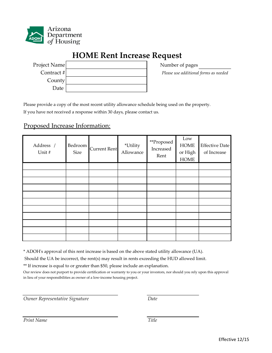 Home Rent Increase Request - Arizona, Page 1