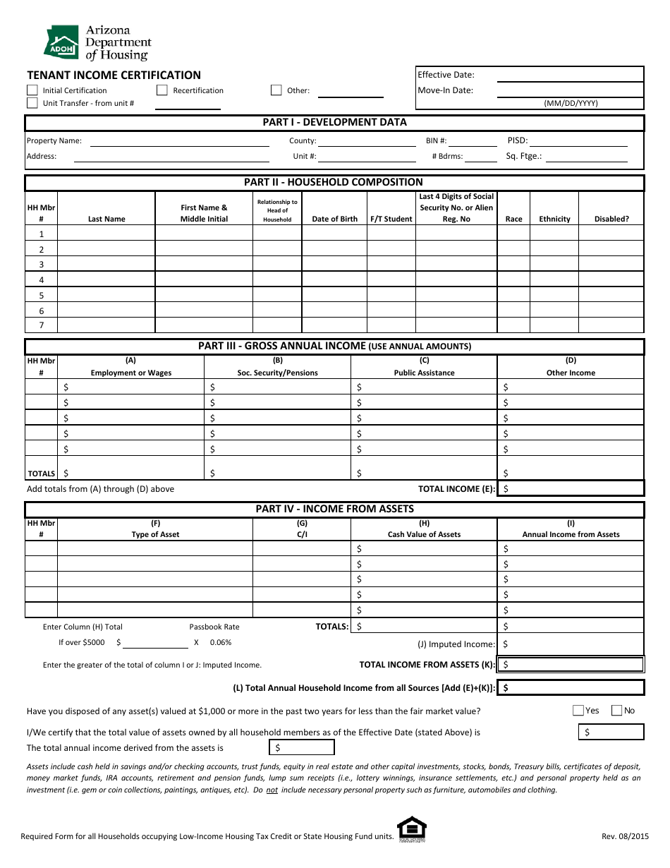 Tenant Income Certification Form - Arizona, Page 1