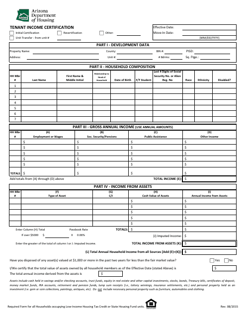 Tenant Income Certification Form - Arizona Download Pdf