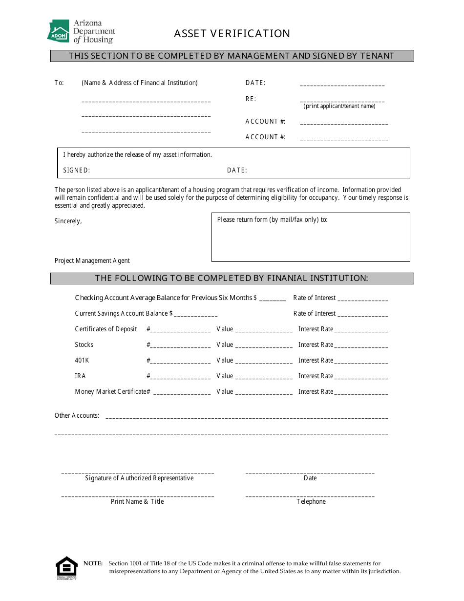 Asset Verification Form - Arizona, Page 1