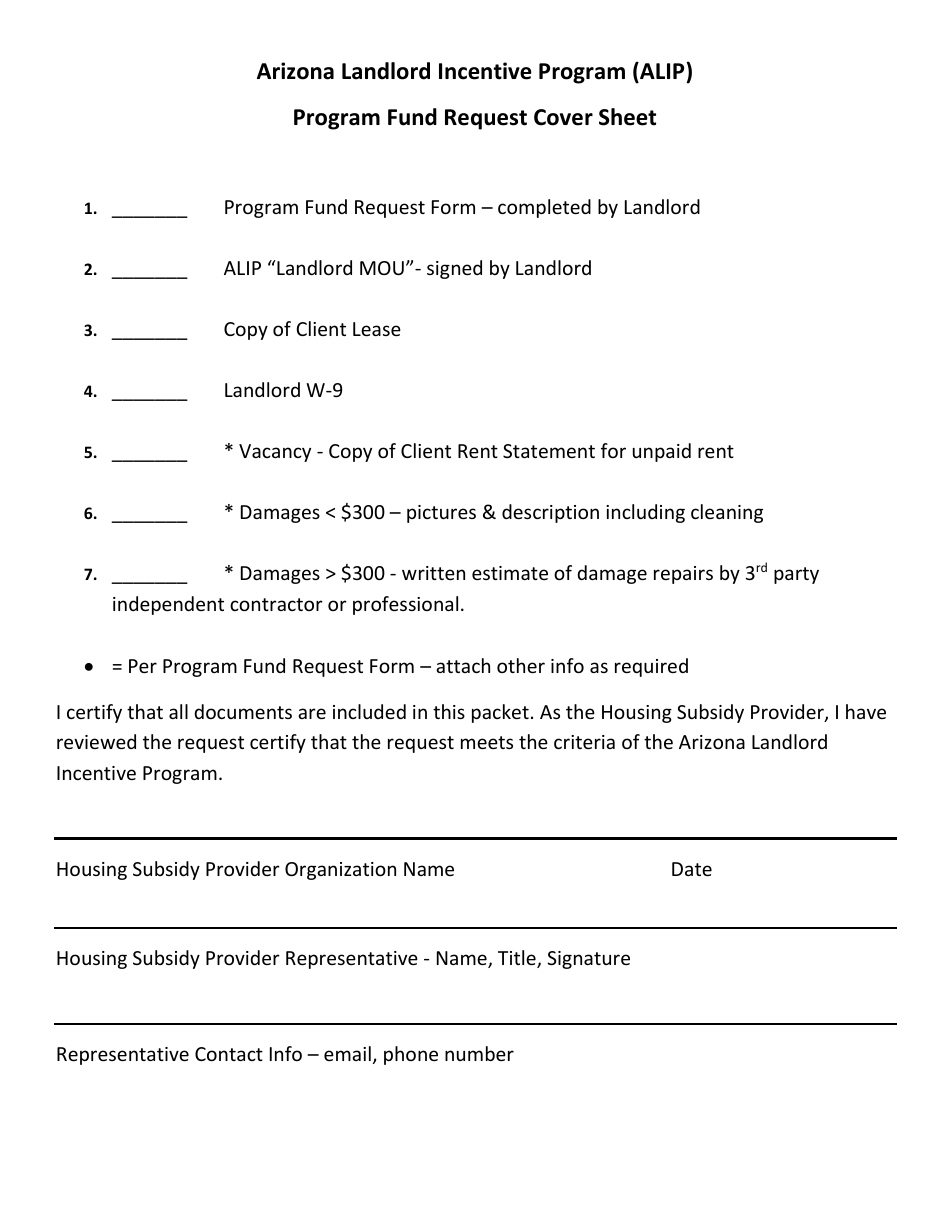 Program Fund Request Cover Sheet - Arizona Landlord Incentive Program (Alip) - Arizona, Page 1