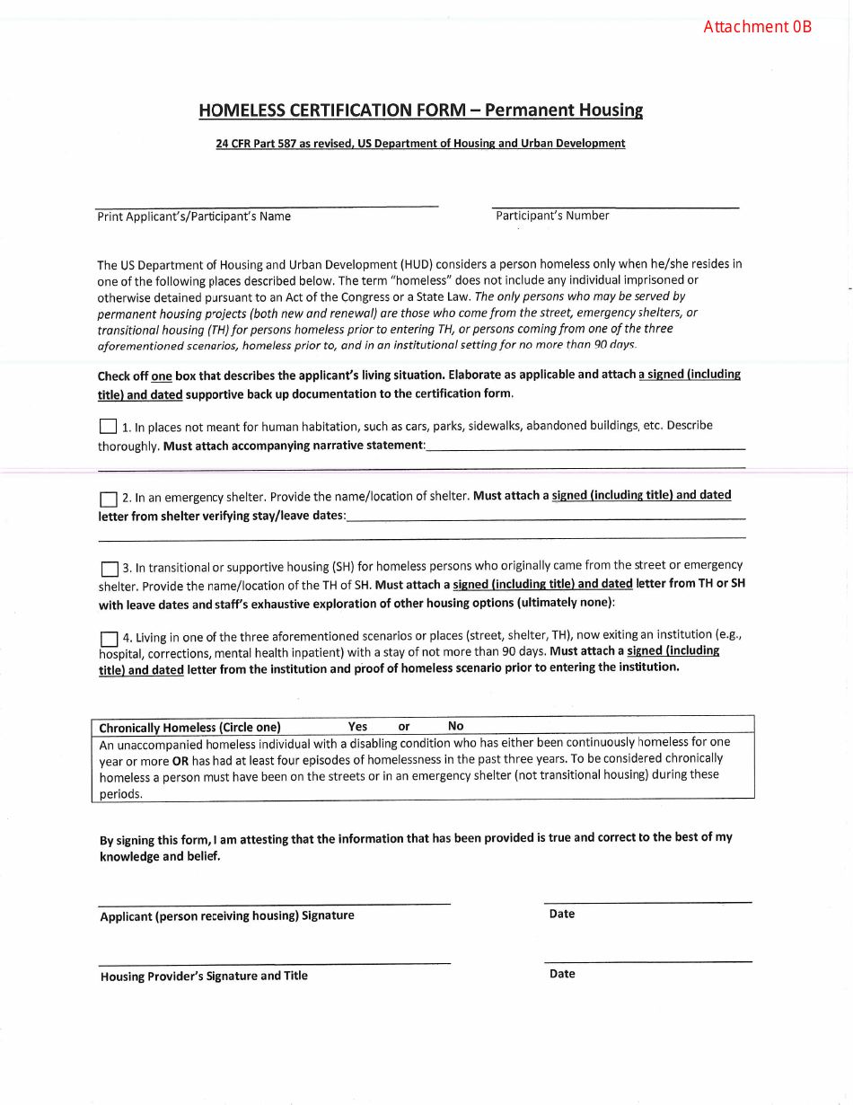 Attachment 0B Homeless Certification Form - Permanent Housing - Arizona, Page 1