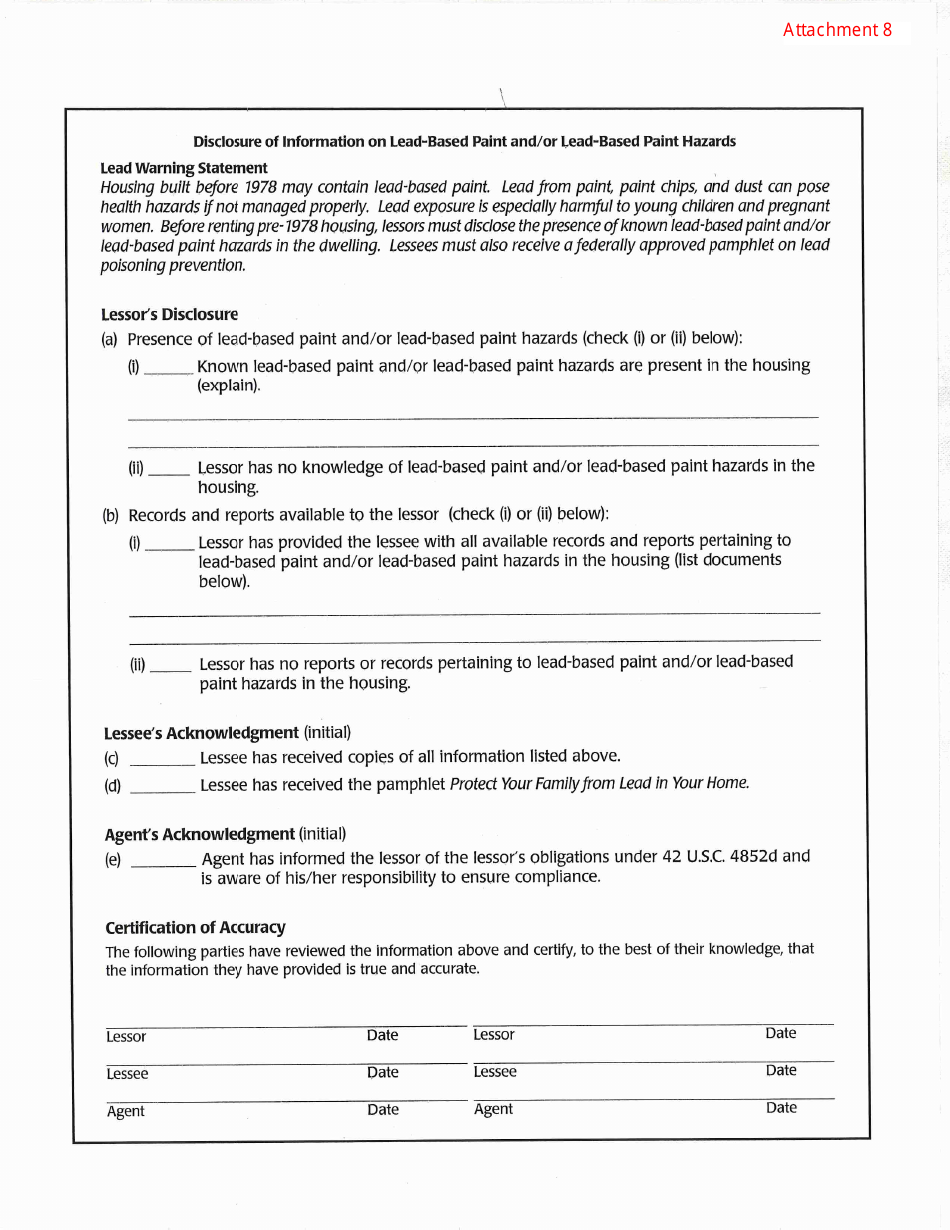 Attachment 8 Disclosure of Information on Lead-Based Paint and / or Lead-Based Paint Hazards - Arizona, Page 1