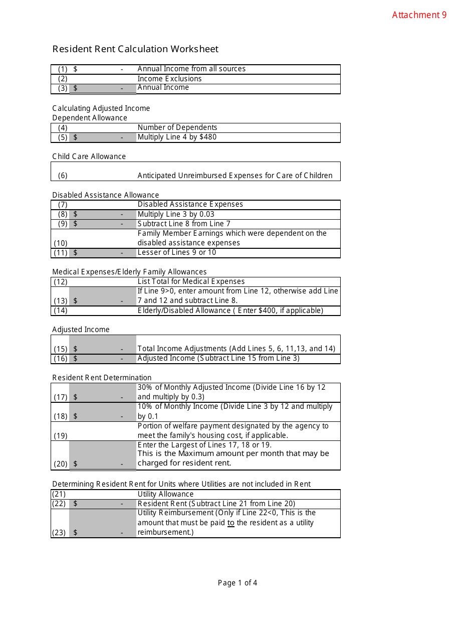 Attachment 9 Resident Rent Calculation Worksheet - Arizona, Page 1