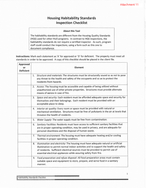 Attachment 11 Housing Habitability Standards Inspection Checklist - Arizona