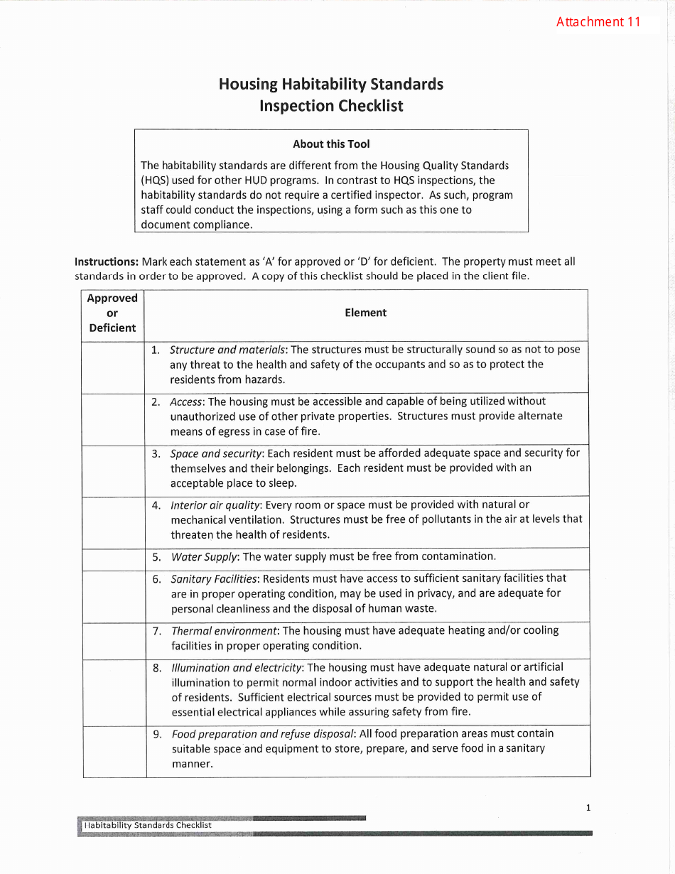 Attachment 11 Housing Habitability Standards Inspection Checklist - Arizona, Page 1