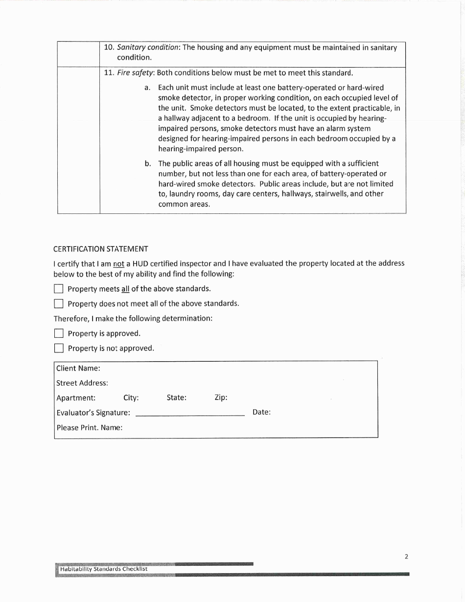 Arizona Housing Habitability Standards Inspection Checklist Fill Out
