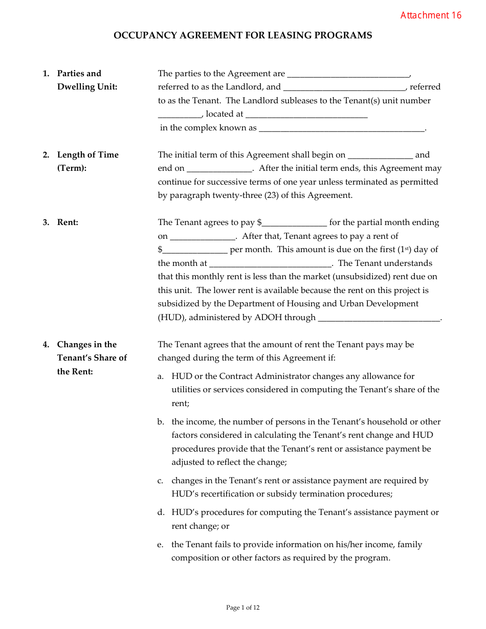 Attachment 16 Occupancy Agreement for Leasing Programs - Arizona, Page 1