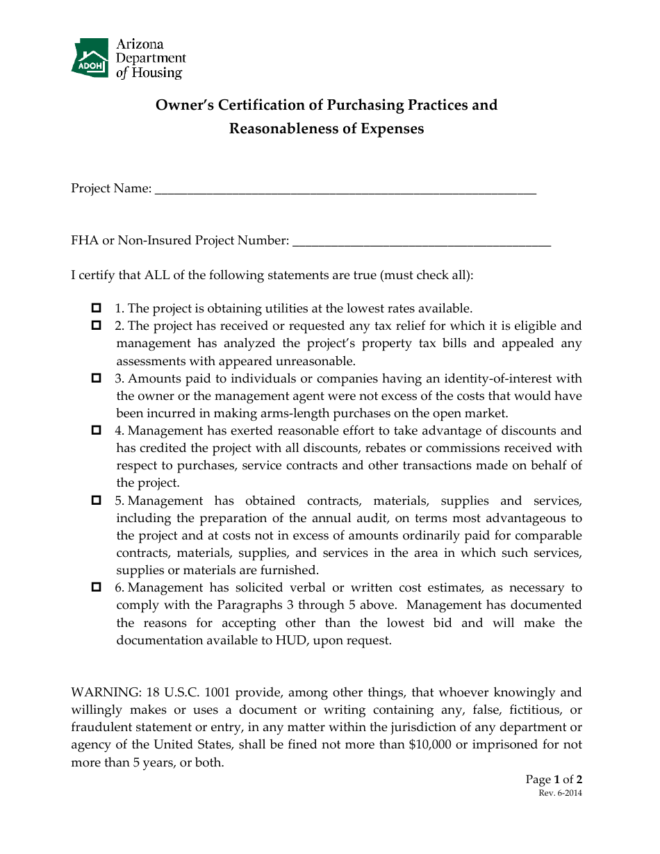 Owners Certification of Purchasing Practices and Reasonableness of Expenses - Arizona, Page 1