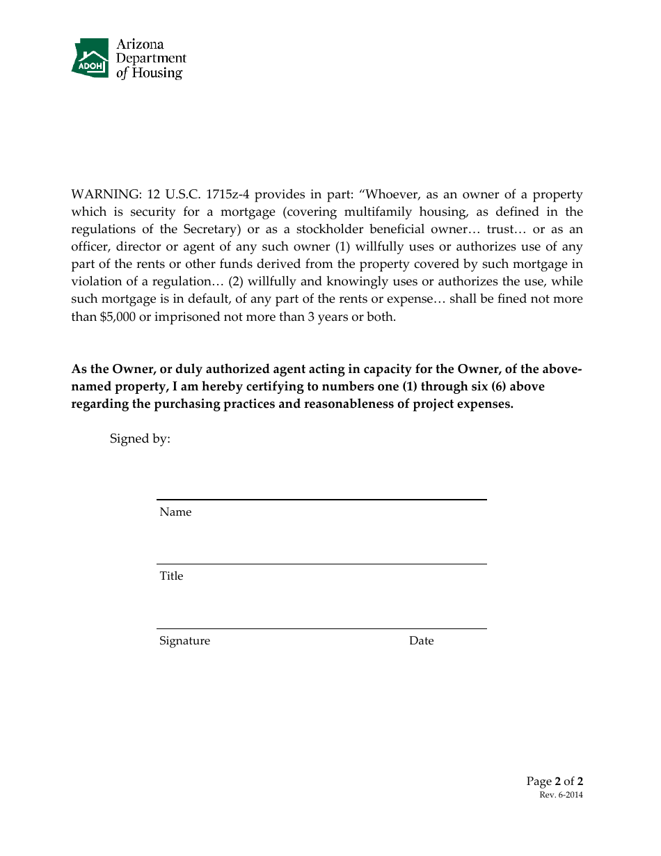 Owners Certification of Purchasing Practices and Reasonableness of Expenses - Arizona, Page 2