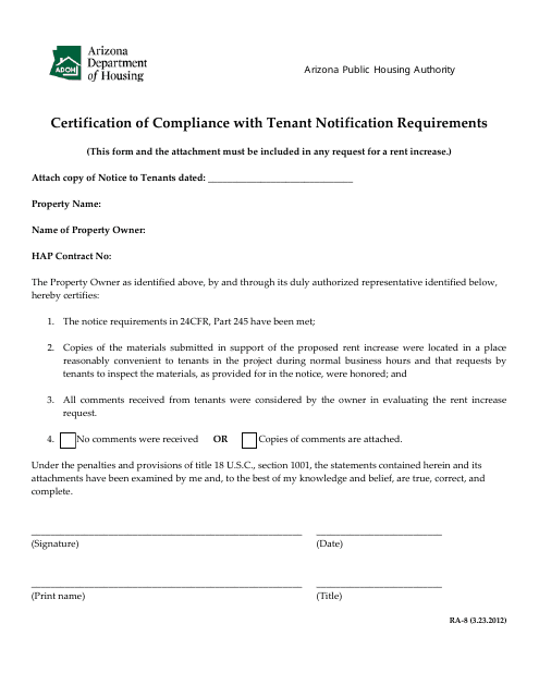 Form RA-8 Certification of Compliance With Tenant Notification Requirements - Arizona