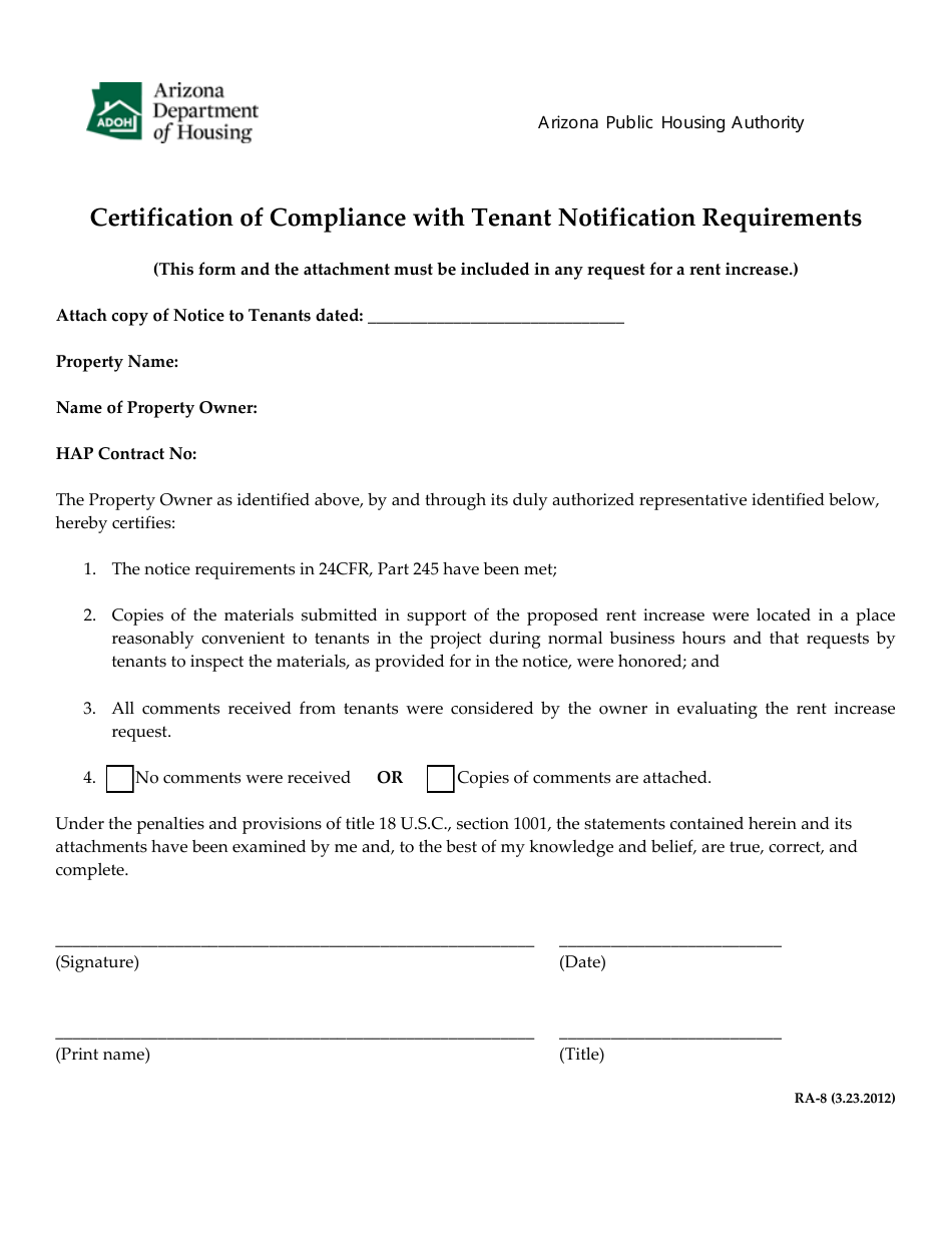 Form RA-8 Certification of Compliance With Tenant Notification Requirements - Arizona, Page 1
