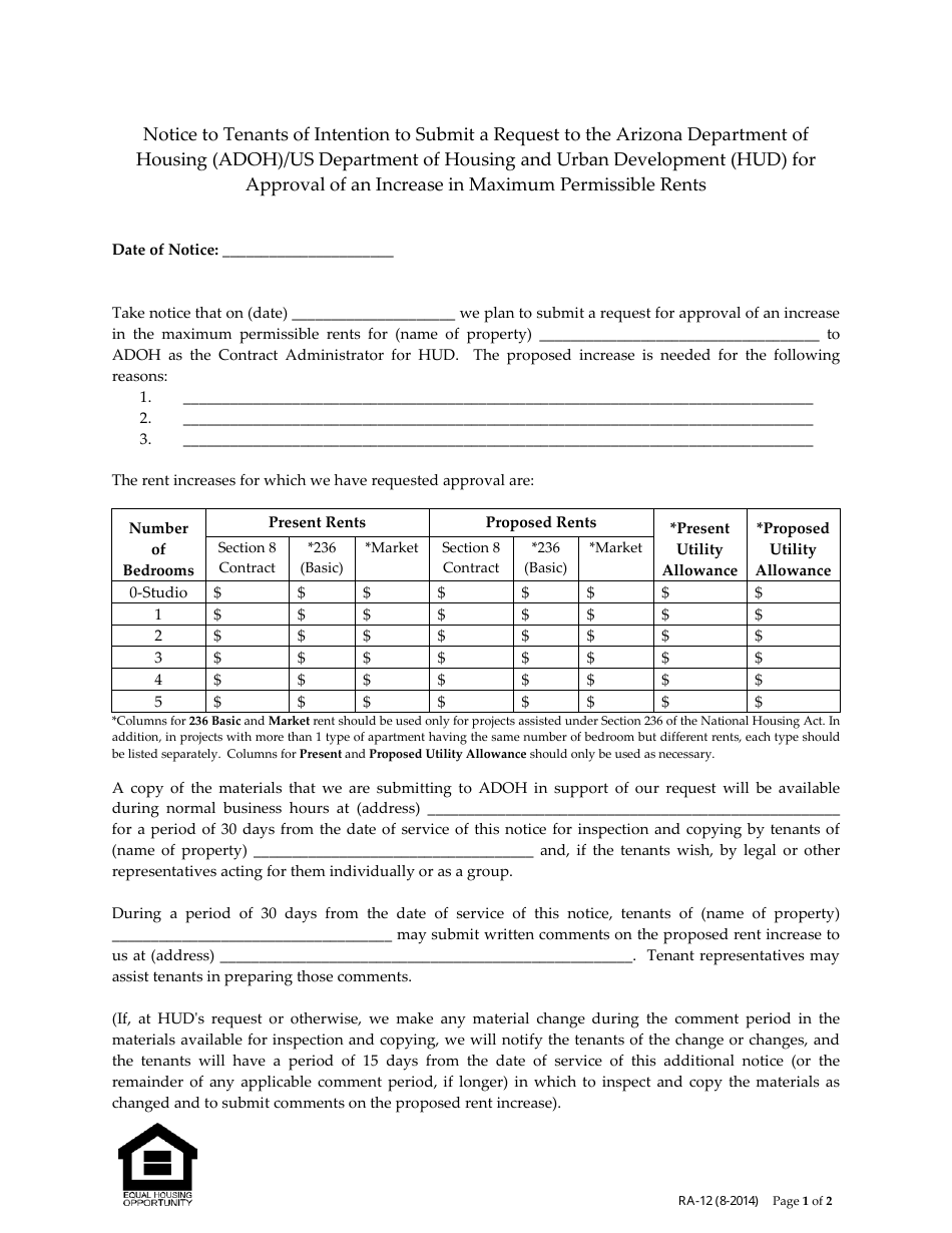 Form RA-12 Tenant Notice for Proposed Rent Increase - Arizona, Page 1