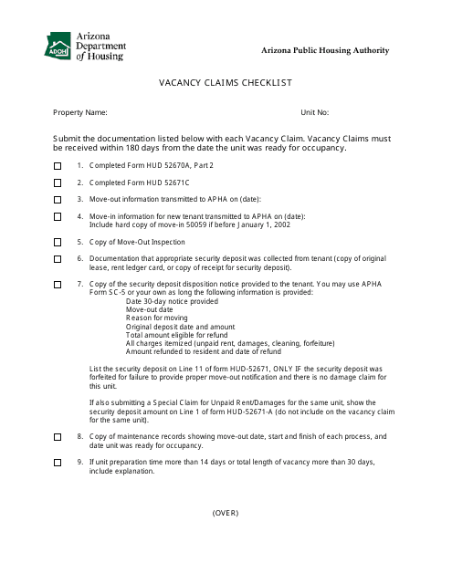 Form SC-6 Vacancy Claims Checklist - Arizona