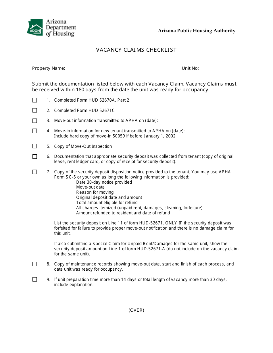Form SC-6 Vacancy Claims Checklist - Arizona, Page 1