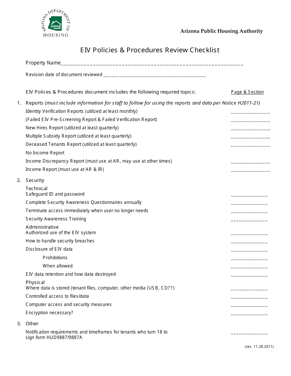 Eiv Policies  Procedures Review Checklist - Arizona, Page 1