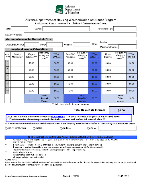Anticipated Annual Income Calculation & Determination Sheet - Arizona Download Pdf