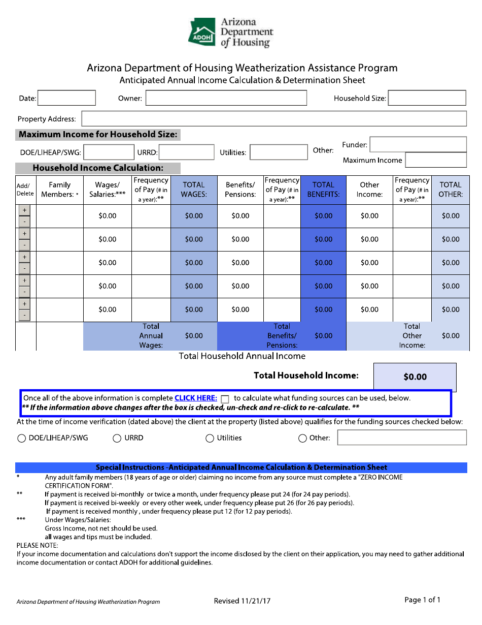 Anticipated Annual Income Calculation  Determination Sheet - Arizona, Page 1