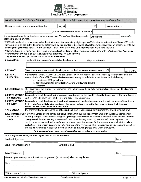 Landlord / Tenant Agreement - Weatherization Assistance Program - Arizona Download Pdf