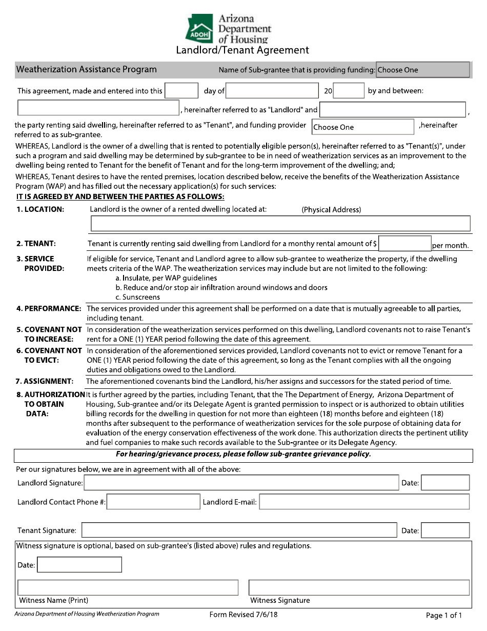 Landlord / Tenant Agreement - Weatherization Assistance Program - Arizona, Page 1
