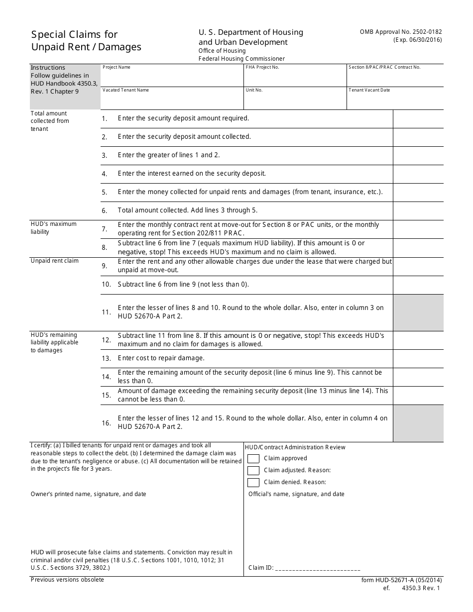 Form HUD-52671-A Special Claims for Unpaid Rent / Damages, Page 1